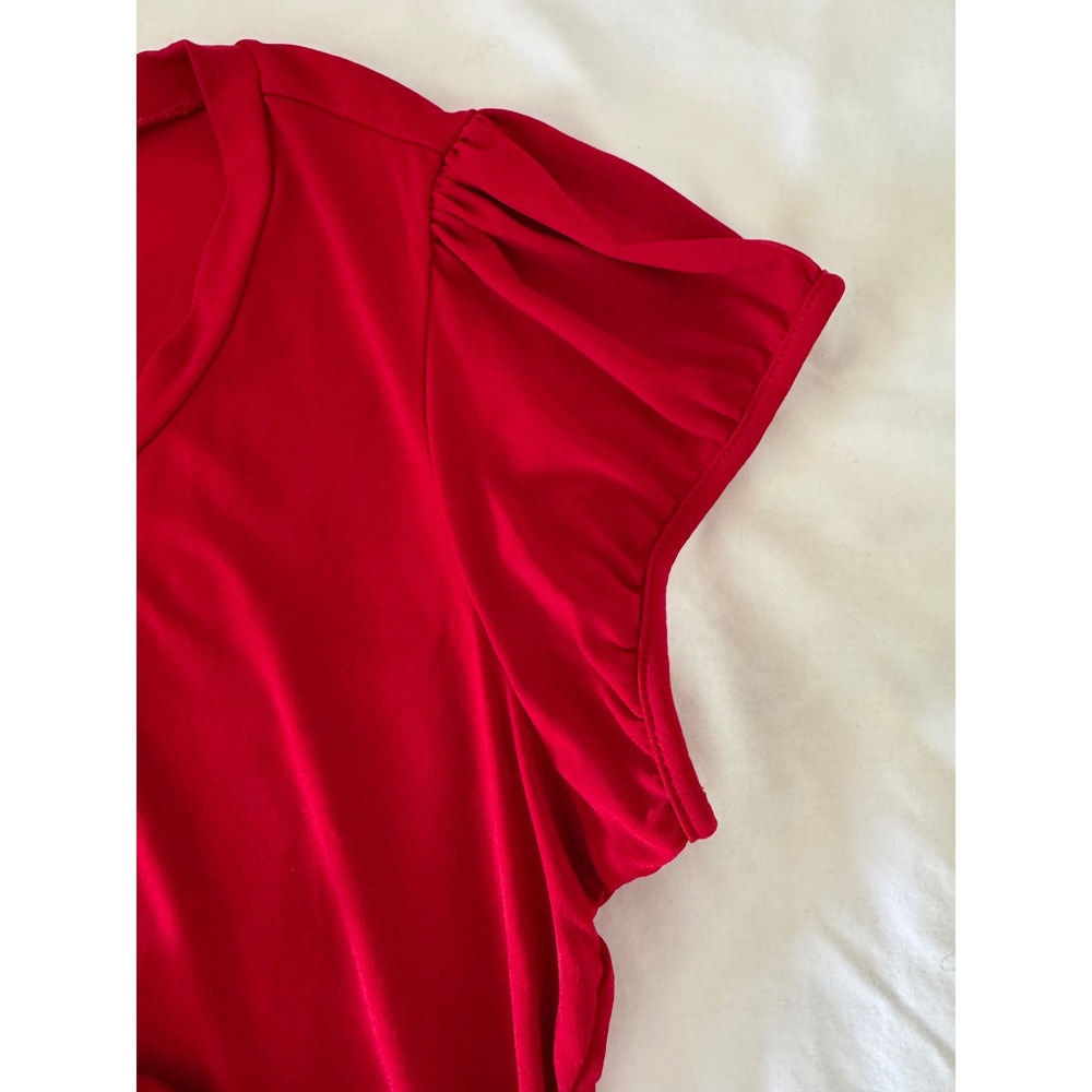 Y2K Vintage Size L Worthington Stretch Red Short Sleeve Pleated Coquette Chic - Picture 2 of 6